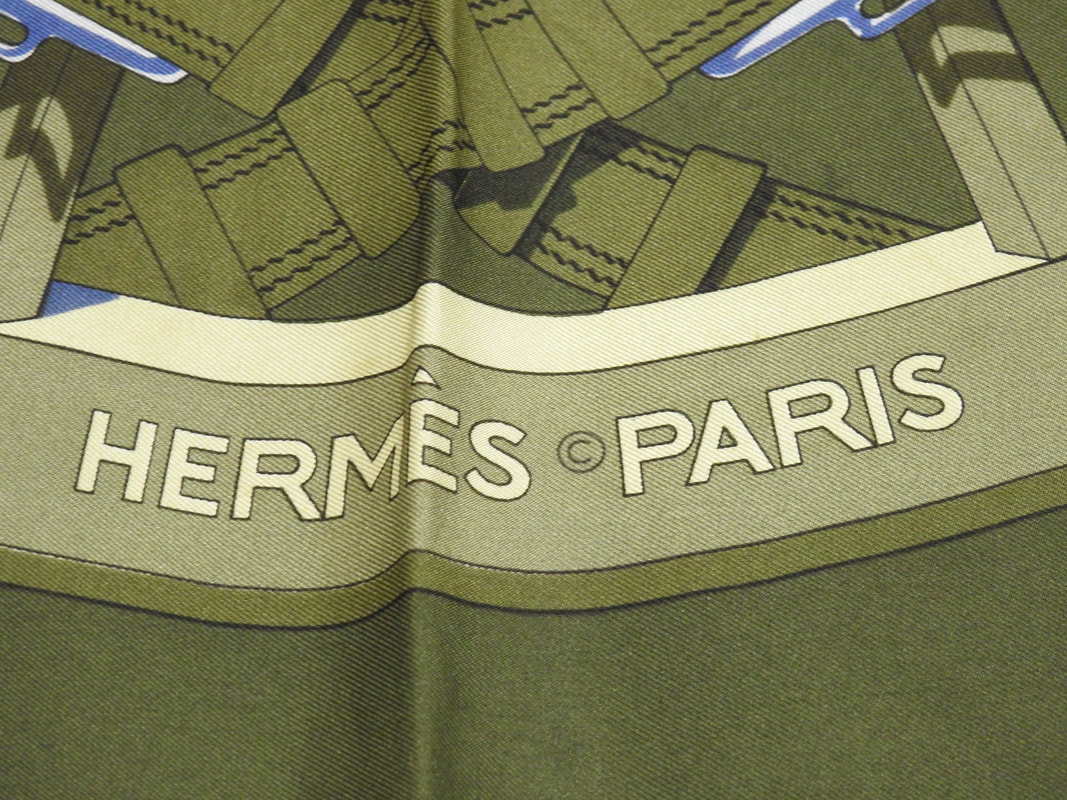 Close up picture of copyright and Hermes branding on 90cm silk scarf issued in 1978 