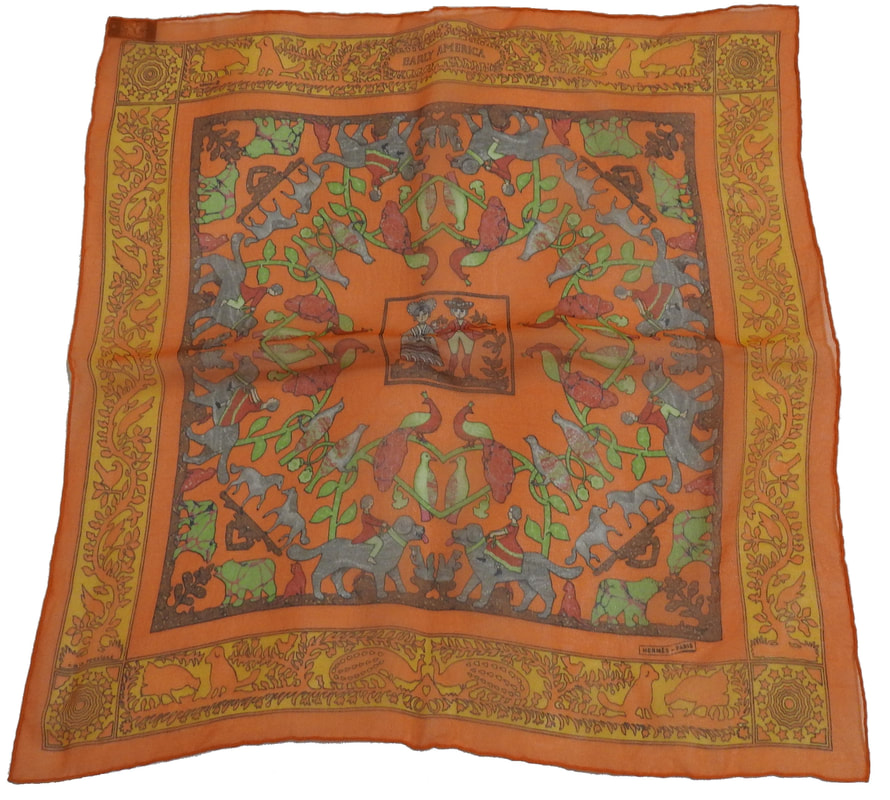 Picture of Hermes silk mousseline 45cm scarf, Early America, designed by Francoise de la Perriere. Orange silk muslin