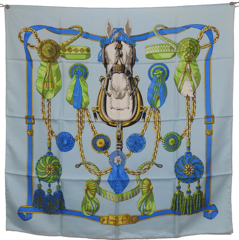 Picture of Frontaux et Cocardes, a vintage Hermes 90cm silk scarf designed by Caty Latham, blue color with horse motif, for sale