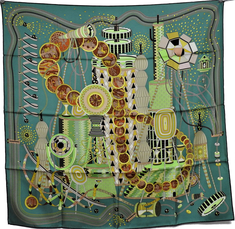 Picture of Le Laboratoire du Temps, a green 90cm silk scarf from Hermes designed by Pierre Marie