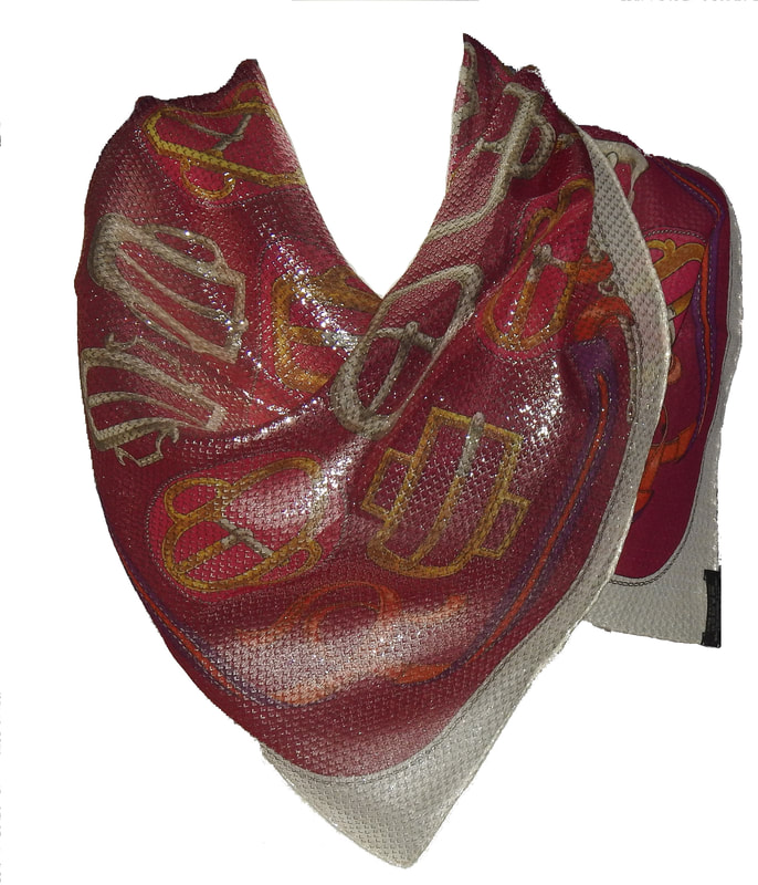Picture of Bouclerie d'Attelage, a silk and polyester Glitter 70c, scarf by Hermes, pink colorway