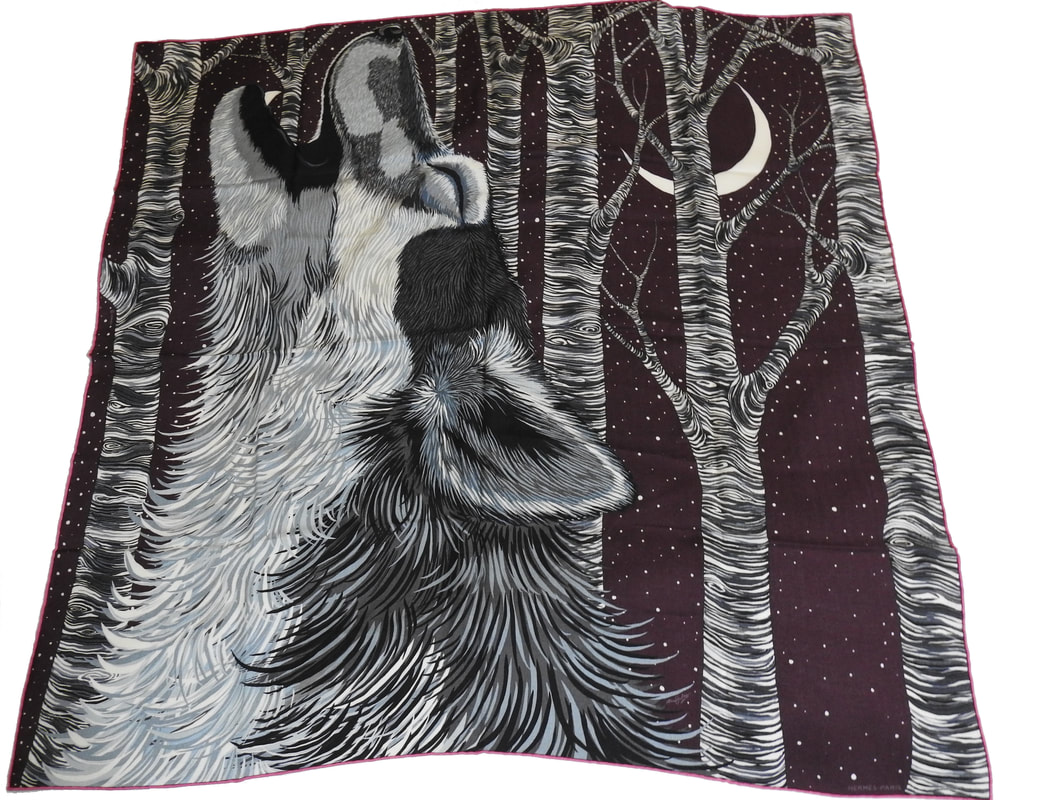 Picture of Hermes mens Cashmere scarf 100cm Awoooo! by Alice Shirley, featuring a howling wolf