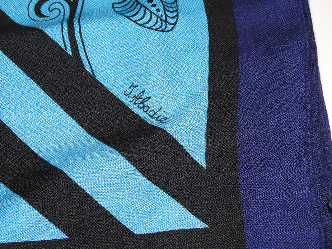 Picture of Julia Abadie artist signature in used blue Hermes silk and cashmere 140cm shawl for sale