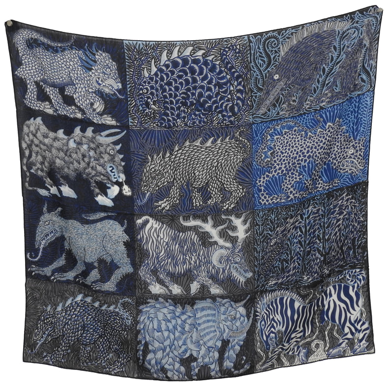 Picture of blue and grey Hermes wool and silk blend 100cm scarf Sweet Dreams by Jan Bajtlik