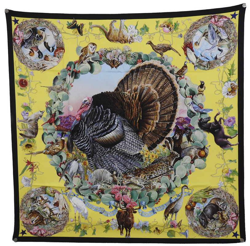 Picture of Texas Wildlife, a 90cm Hermes silk scarf designed by Kermit Oliver. Special edition in 2005 for Houston Museum of Fine Art. Bright yellow with a black border, it features an American turkey in the center