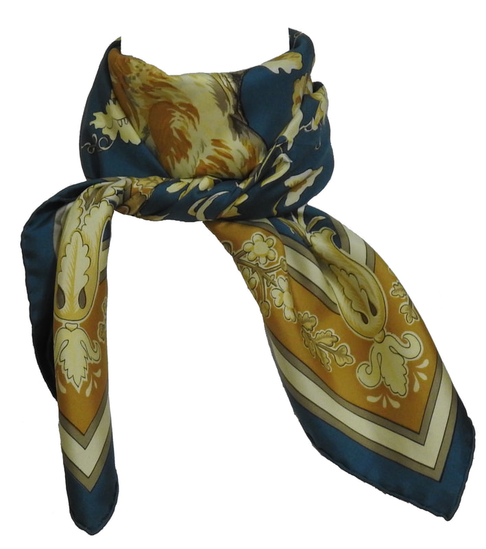 Close up picture of Monsieur et Madame, a vintage Hermes silk scarf designed by Bali Barret