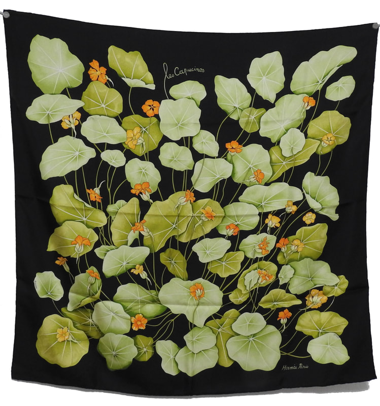 Picture of Les Capucines, a vintage Hermes 90cm silk scarf designed by Antoine de Jacquelot, black and green, for sale