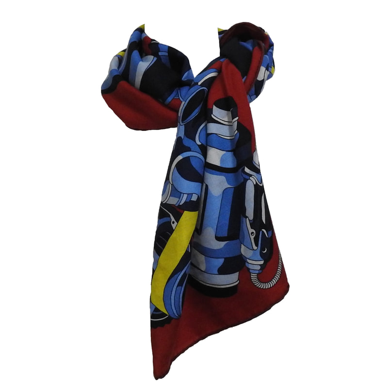 Picture of red, blue, yellow, black Hermes mens cashmere scarf, 140cm, 600 Chevaux by Jan Bajtlik