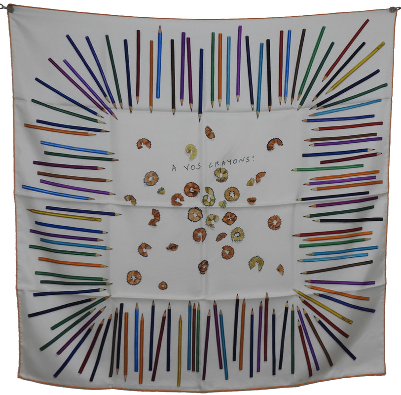 Picture of A Vos Crayons, a vintage Hermes 90cm silk scarf designed by Leigh Cooke, white color, for sale