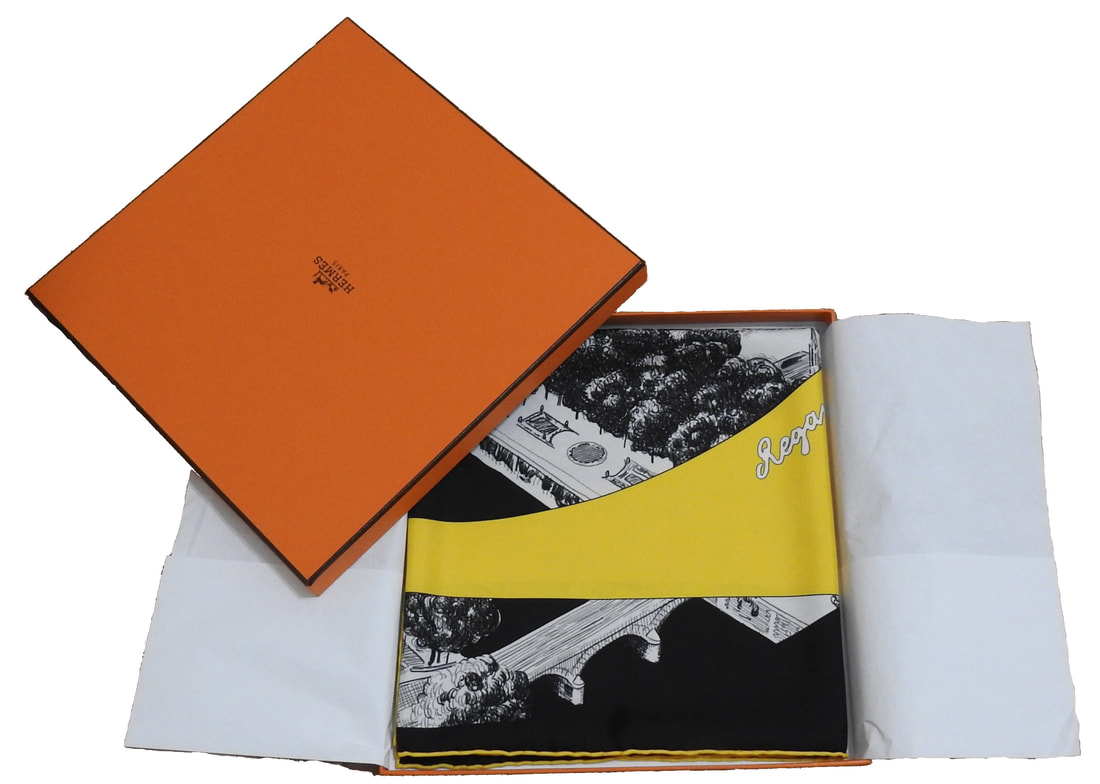 Picture of Regarde Paris, a pre-owned vintage Hermes 90cm silk scarf, in original Hermes orange box, packaged for gift delivery