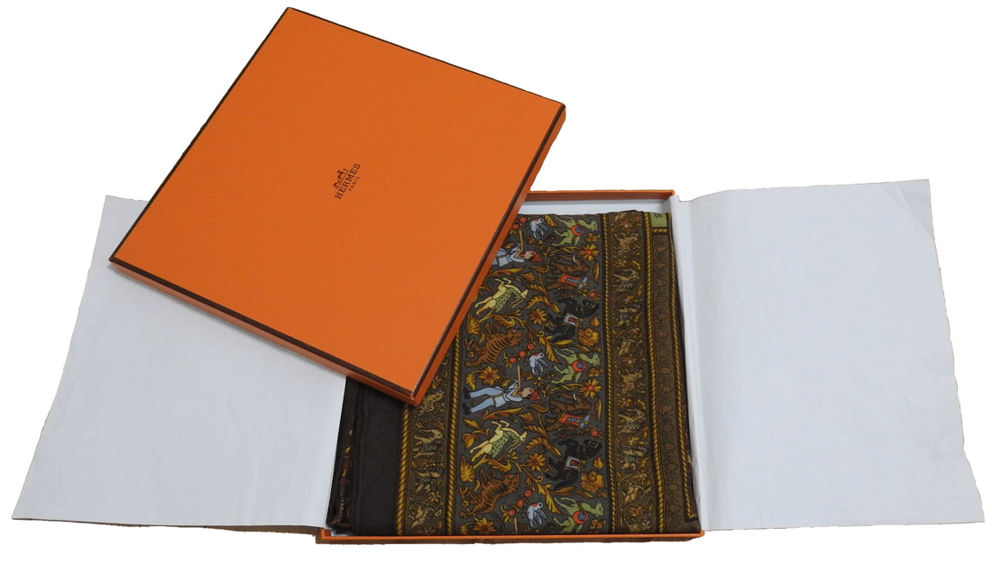 Picture of used brown cashmere Hermes 90cm scarf Chasse en Inde in original Hermes orange box ready for shipping