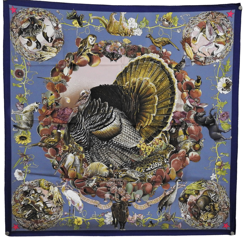 Picture of Texas Wildlife, a 90cm silk scarf from Hermes, designed by Kermit Oliver. Blue and mauve, featuring a turkey in the center