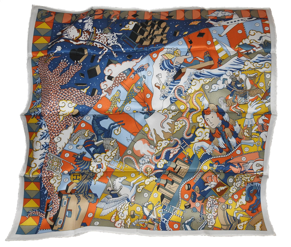 Picture of L'Epopee Detail, a 70cm silk twill scarf designed by Jan Bajtlik for Hermes. Orange, Blue, Multicolor