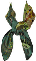Picture of a knotted Hermes silk scarf, green Le Laboratoire du Temps by Pierre Marie