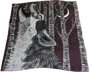 Picture of Awooooo, a 100cm mens cashmere scarf designed by Alice Shirley for Hermes. Grey arctic wolf howls against a burgindy background. Pink contrast hem.