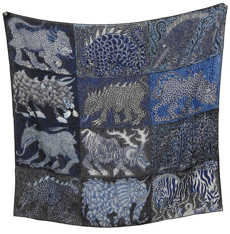 Picture of Sweet Dreams, a 100cm wool mens scarf designed by Jan Bajtlik for Hermes. Blue and grey nightmare monsters