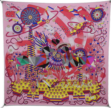 Picture of Woof Woof, a 90cm silk scarf designed by Pierre Marie for Hermes. Pink La Source de Pegase with romantic dachshunds embroidered on the front