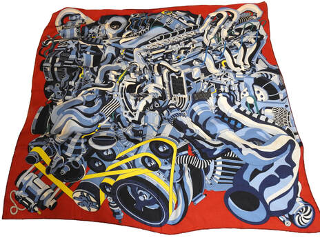 Picture of 600 Chevaux, an automotive- themed 140cm cashmere mens scarf by Hermes.