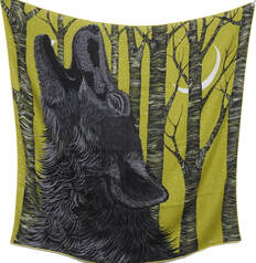 Picture of an Hermes 100cm mens scarf, Awooooo features a dark grey wolf howling against a chartreuse green background. Yellow contrast hem
