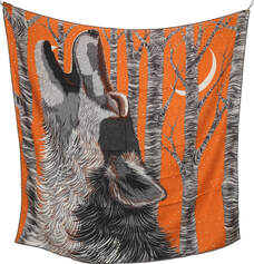 Picture of a 100cm mens cashmere scarf by Hermes. Designed by Alice Shirley. Grey arctic wolf howls against an orange background
