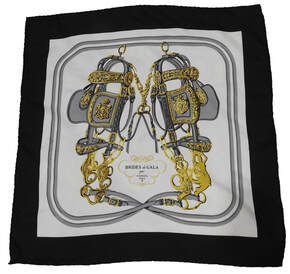 Picture of Hermes 45cm silk scarf, Brides de Gala by Hugo Grykgar. Black border, white interior. Classic design featuring a ceremonial bridle.