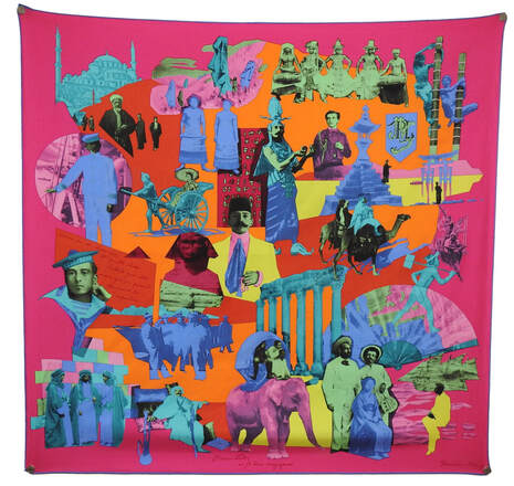 Picture of a 90cm silk Hermes scarf, Pierre Loti designed by Cyrille Diatkine. Hot pink background, cobalt blue hem, multi colored photographs of the adventurer's travels throughout Asia and the Middle East