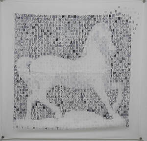 Picture of a 90cm silk Hermes scarf. Cheval a Caractere by Dimitri Rybaltchenko. Black and grey letters spell out Hermes in the shape of a horse, on a white background
