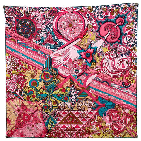 Picture of L'Ivresse de l'Inifiti, a 90cm silk scard designed by Zoe Pauwels for Hermes. Pink, chartreuse and turquoise.