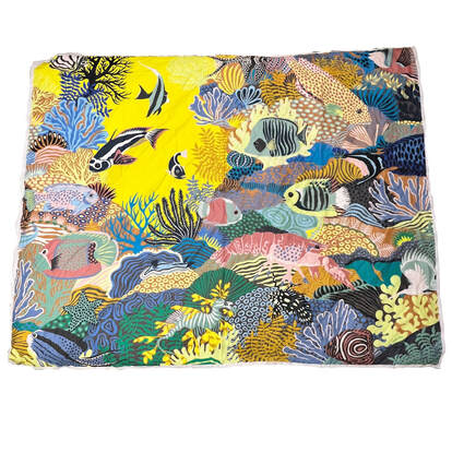 Under the Waves cotton pareo designed by Alice Shirley for Hermes. colorful marine life in a coral reef.