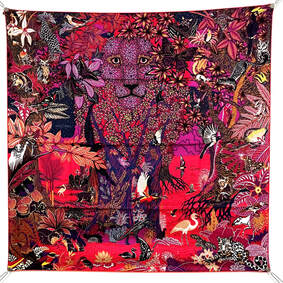 Picture of Wild Singapore, a 90c silk Hermes scarf designed y Alice Shirley. Features a lion made of mangrove tree leaves. 
