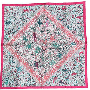 Picture of Jardins de Soie, a 45cm silk Hermes scarf designed by Christine Henry. Pink floral scarf