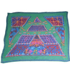 Picture of an unnamed cotton pareo designed by Annie Faivre for Hermes. Green background, red and blue and orange gardens in the shape of a pyramid