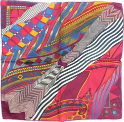 Picture of Hermes silk gavroche, Coupons Indiens. This 45cm silk square was designed by Aline Honore and issued in 2018. Hot pink, purple, lime green, in a mosaic of patterns