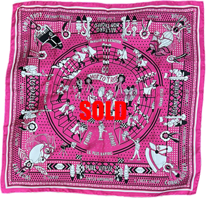 Picture of Hot to Trot, a 55cm silk bandana scarf designed by Liz Vegas for Hermes. Hot pink, white and black.