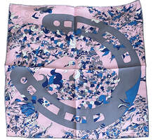 Picture of Quatre Chevaux, a pink, grey and blue 45cm Hermes silk scarf designed by David Bartholomeo