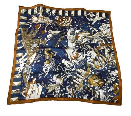 Picture of L'Epopee Detail, a 70cm silk Hermes scarf designed by Jan Bajtlik. It depicts the epic history of Hermes. Brown and marine blue.