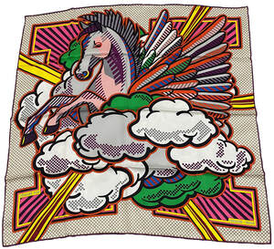 Picture of a 70cm Hermes scarf in vintage silk. Pegase Pop is designed by Dimitri Rybaltchenko, and features a winged horse and a large H in a pixelated comic book style