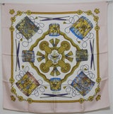 Picture of Les Tambours, a vintage Hermes 90cm silk scarf designed by Joachim Metz, pink color, for sale