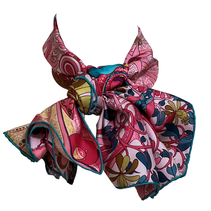 Picture of Hermes 90cm silk scarf in pink, green and blue. L'ivresse de l'Infini designed by Zoe Pauwels in 2011.