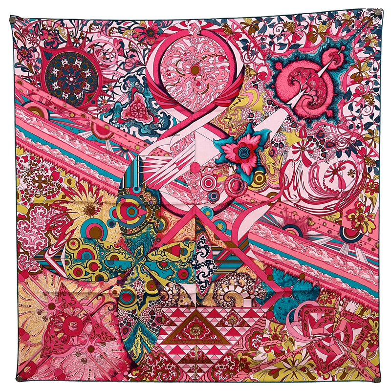Picture of L'Ivresse de l'Infini, a 90cm vintage Hermes silk scarf designed by Zoe Pauwels in 2011. Pink with turquoise contrast hem
