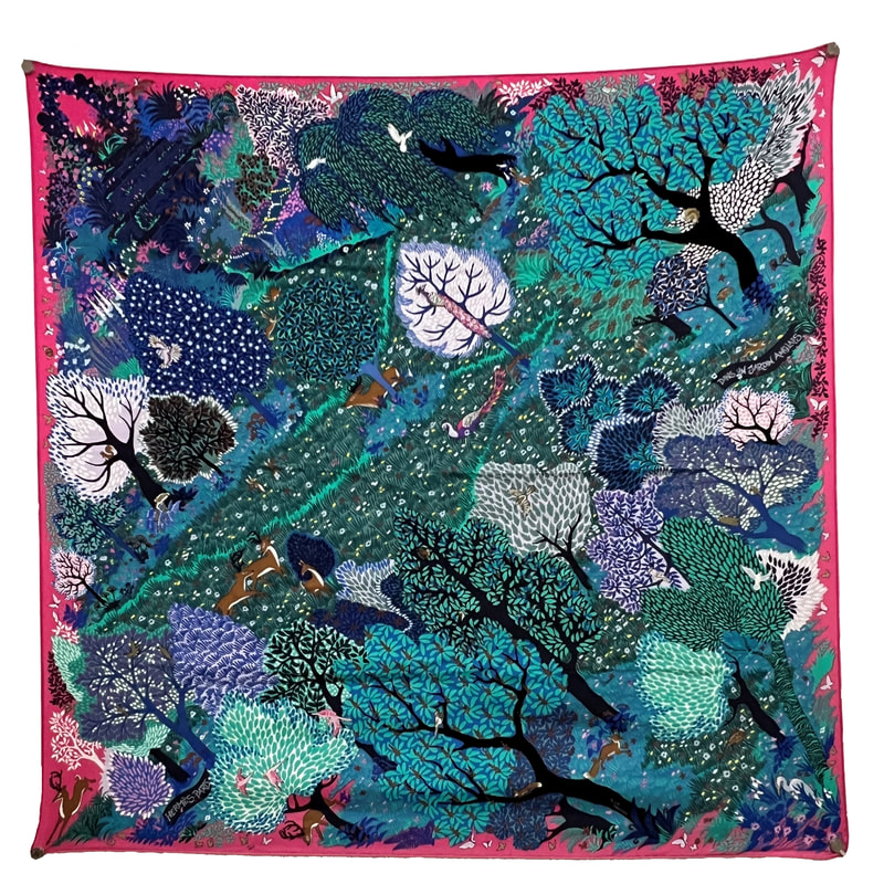 Picture of Dans un Jardin Anglais, a 90cm Hermes silk scarf designed by Alice Shirley. Pink background, purple and green trees