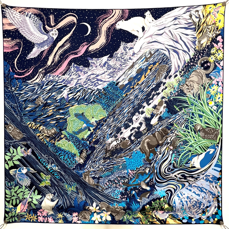 Picture of a 90cm Hermes silk scarf, Into The Canadian Wild by Alice Shirley. Dark blue hem, peachy pink northern lights