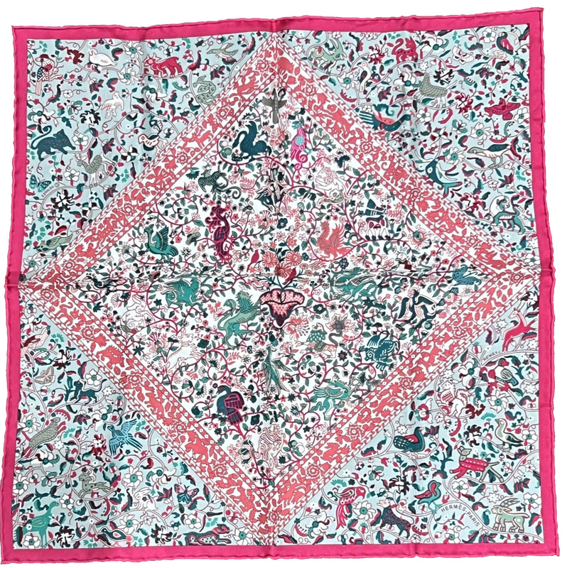 Jardins de Soie, a 45cm silk scarf designed by Christine Henry for Hermes. Pink and green floral pattern.