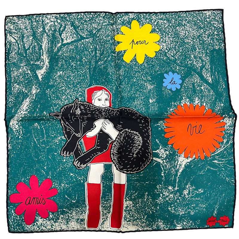 Picture of Amis Pour la Vie, a used Hermes 45cm silk scarf designed by Agatha Gonnet, for sale