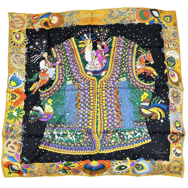 Picture of Hermes 90cm silk scarf Costumes de Fete by Jan Bajtlik, in colorway 04 Curry / Noir / Vert (curry yellow, black, green)