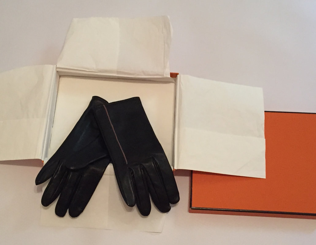 picture of Hermes gloves in black lambskin leather, womens size 8, in box ready to ship