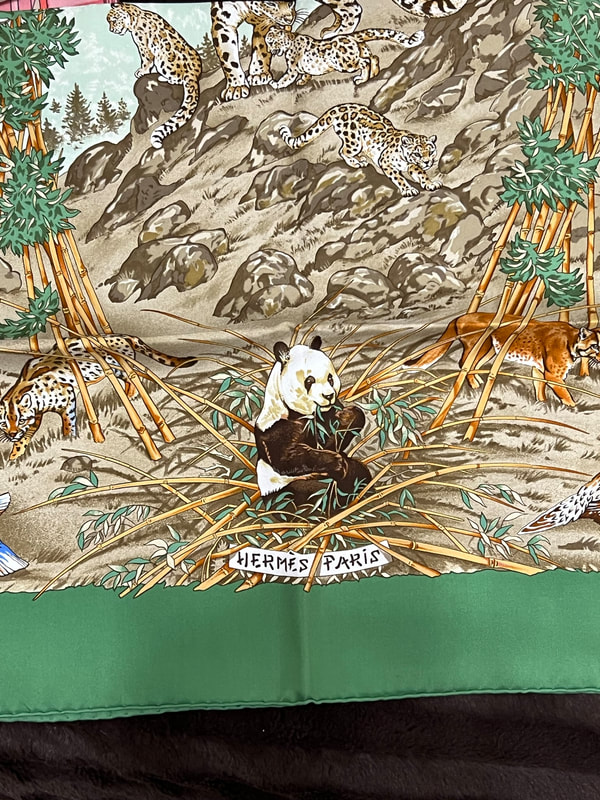 Picture of vintage Hermes 90cm silk scarf for sale. Sichuan by Robert Dallet was issued in 1995. This green scarf has the Hermes brand