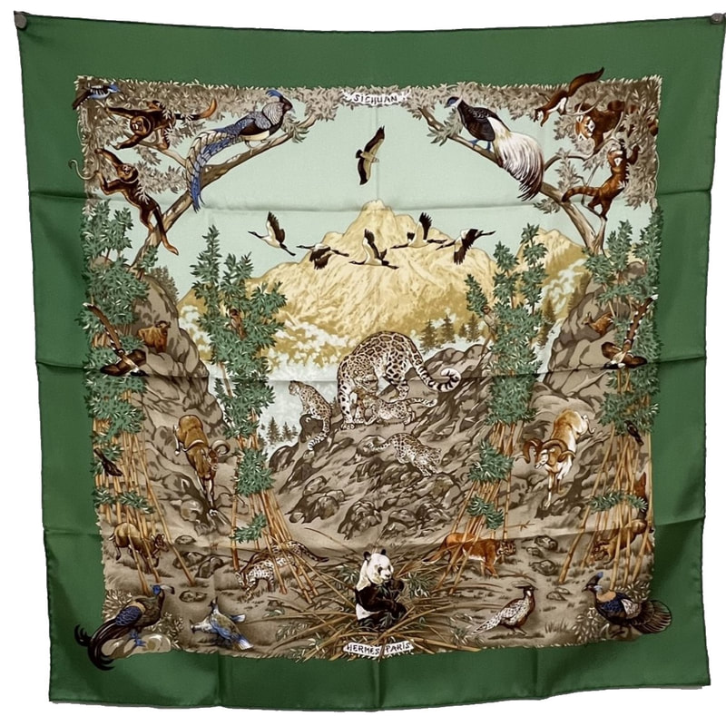 Picture of Sichuan, a vintage green Hermes 90cm silk scarf designed by Robert Dallet, for sale