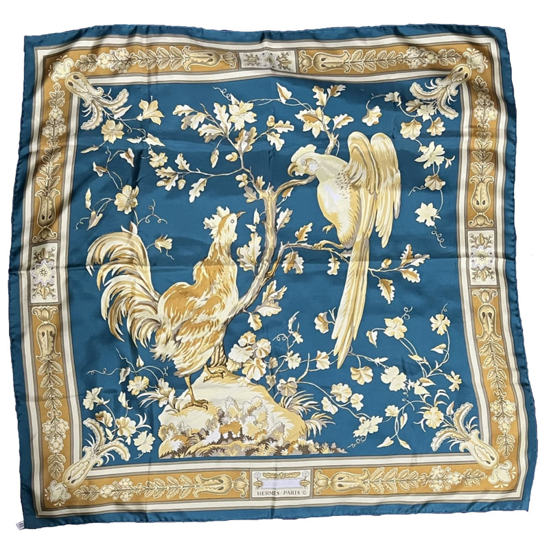 Picture of Monsieur et Madame, a vintage brown Hermes 90cm silk scarf designed by Bali Barretar motif jacquard weave, for sale