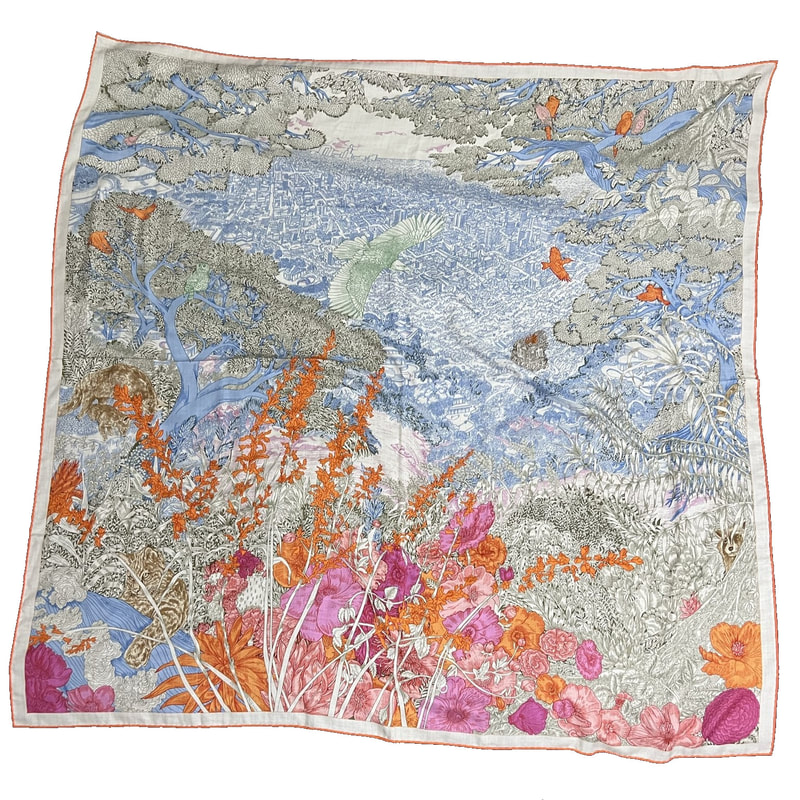 Picture of Retour a la Nature, a Hermes 140cm cashmere scarf designed by Octave Marsal and Theo de Gueltzl. Blue, orange and pink